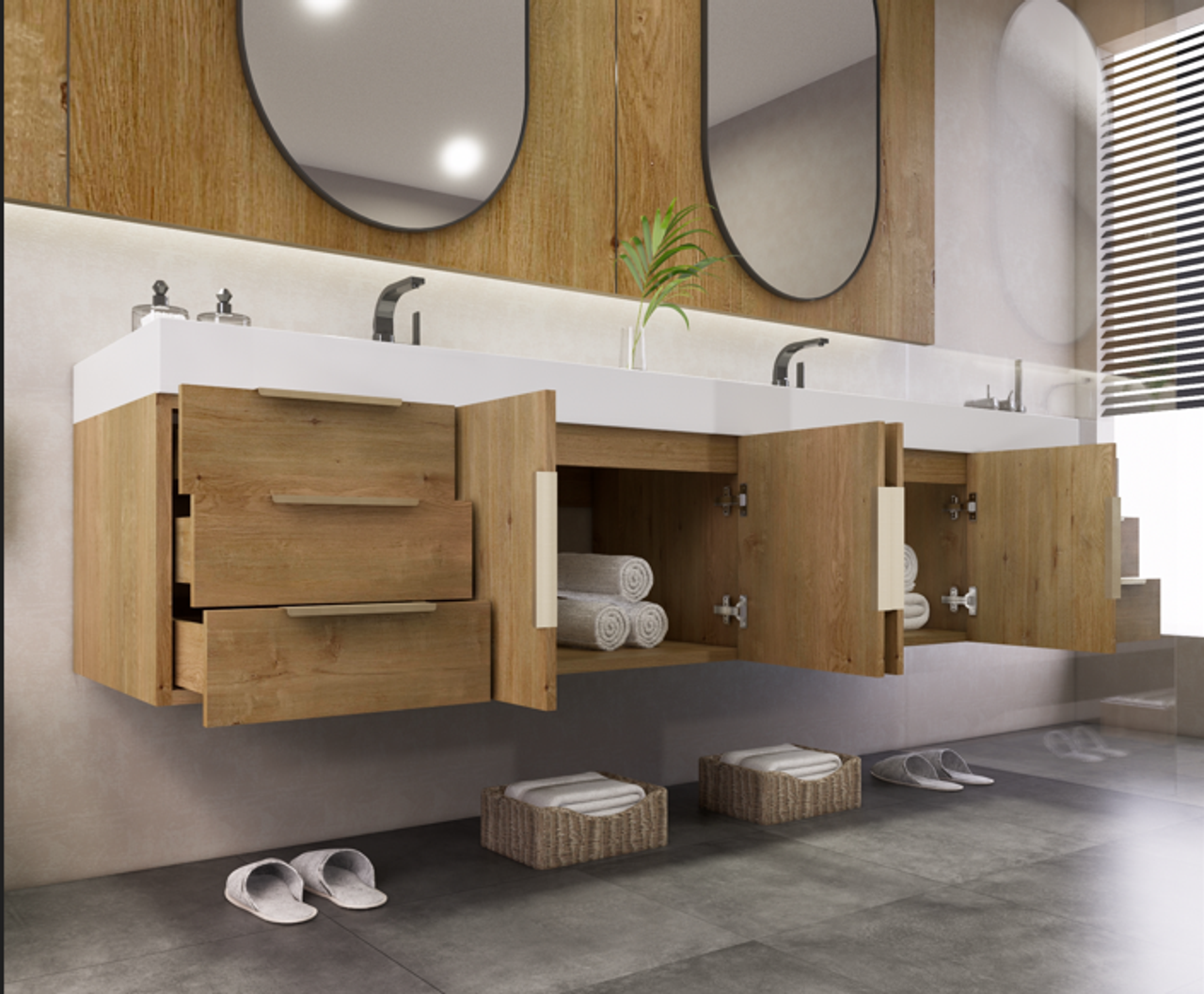 84 Inch Wall-Mounted Double Sink Bathroom Vanity with Acrylic Countertop – MEBO Noble NBT001-84DWH