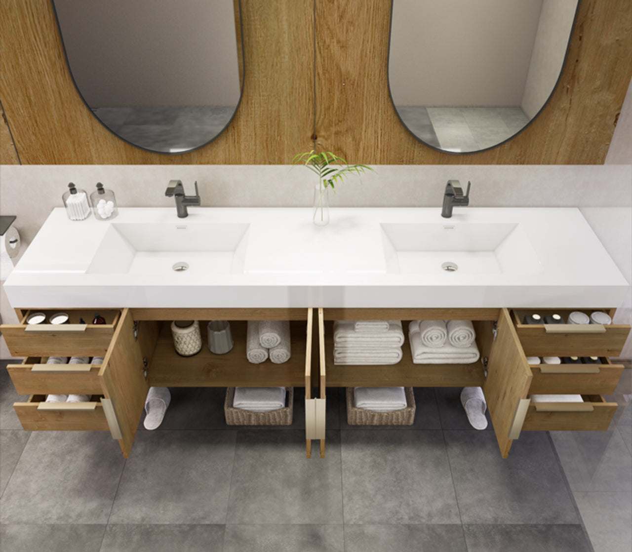 84 Inch Wall-Mounted Double Sink Bathroom Vanity with Acrylic Countertop – MEBO Noble NBT001-84DWH