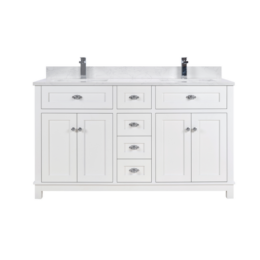 MUEBLES LEGION WS2515-60-W LAVABO DE MADERA MACIZA DE 60" CON ACABADO BLANCO Y CUBIERTA DE PIEDRA ARTIFICIAL DE 1'