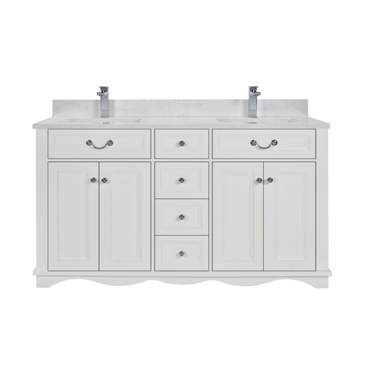 MUEBLES LEGION WS2514-60-W LAVABO DE MADERA MACIZA DE 60" CON ACABADO BLANCO Y CUBIERTA DE PIEDRA ARTIFICIAL DE 1'