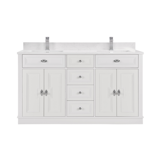 MUEBLES LEGION WS2516-60-W LAVABO DE MADERA MACIZA DE 60" CON ACABADO BLANCO Y CUBIERTA DE PIEDRA ARTIFICIAL DE 1'