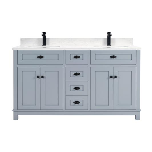 MUEBLES LEGION WS2515-60-CD LAVABO DE MADERA MACIZA DE 60" CON ACABADO CADET Y CUBIERTA DE PIEDRA ARTIFICIAL DE 1'