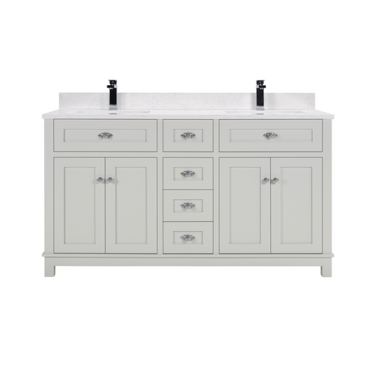 MUEBLES LEGION WS2515-60-SS LAVABO DE MADERA MACIZA DE 60" CON ACABADO EN HILO PLATEADO Y CUBIERTA DE PIEDRA ARTIFICIAL DE 1'