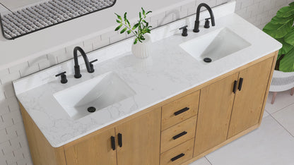 36 Inch Natural Wood Single Sink Bathroom Vanity with Grain White Engineered Stone Countertop - Altair Perla 556036-NW-GW-NM